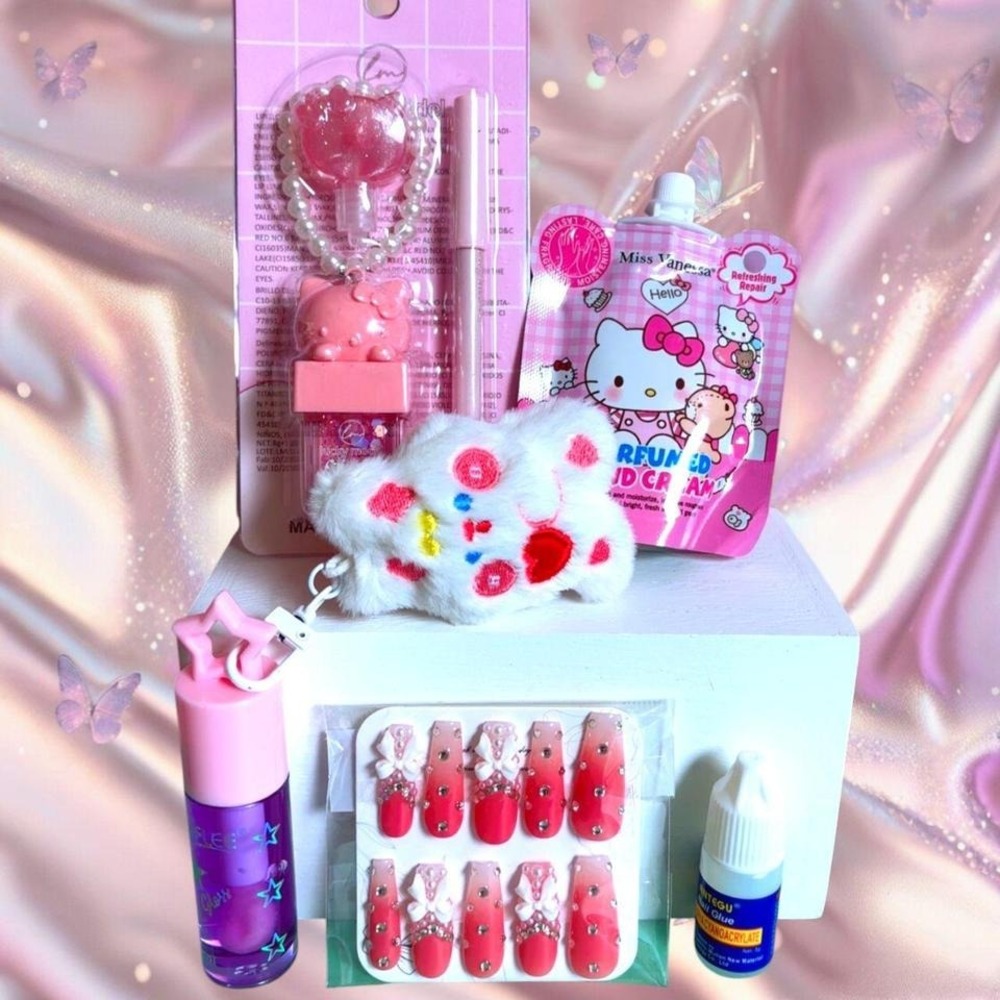 🎀 ULTIMATE HELLO KITTY GLOSS & BLING NAILS BUNDLE #94 ✨